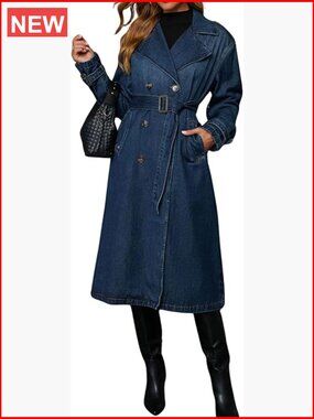 Vintage Double Breasted Mid Long Denim Jacket Trench Coat Duster Blazer